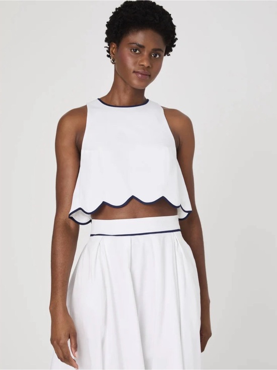 French Connection Tops - French Connection White Cropped Tank with Navy Scallop Trim